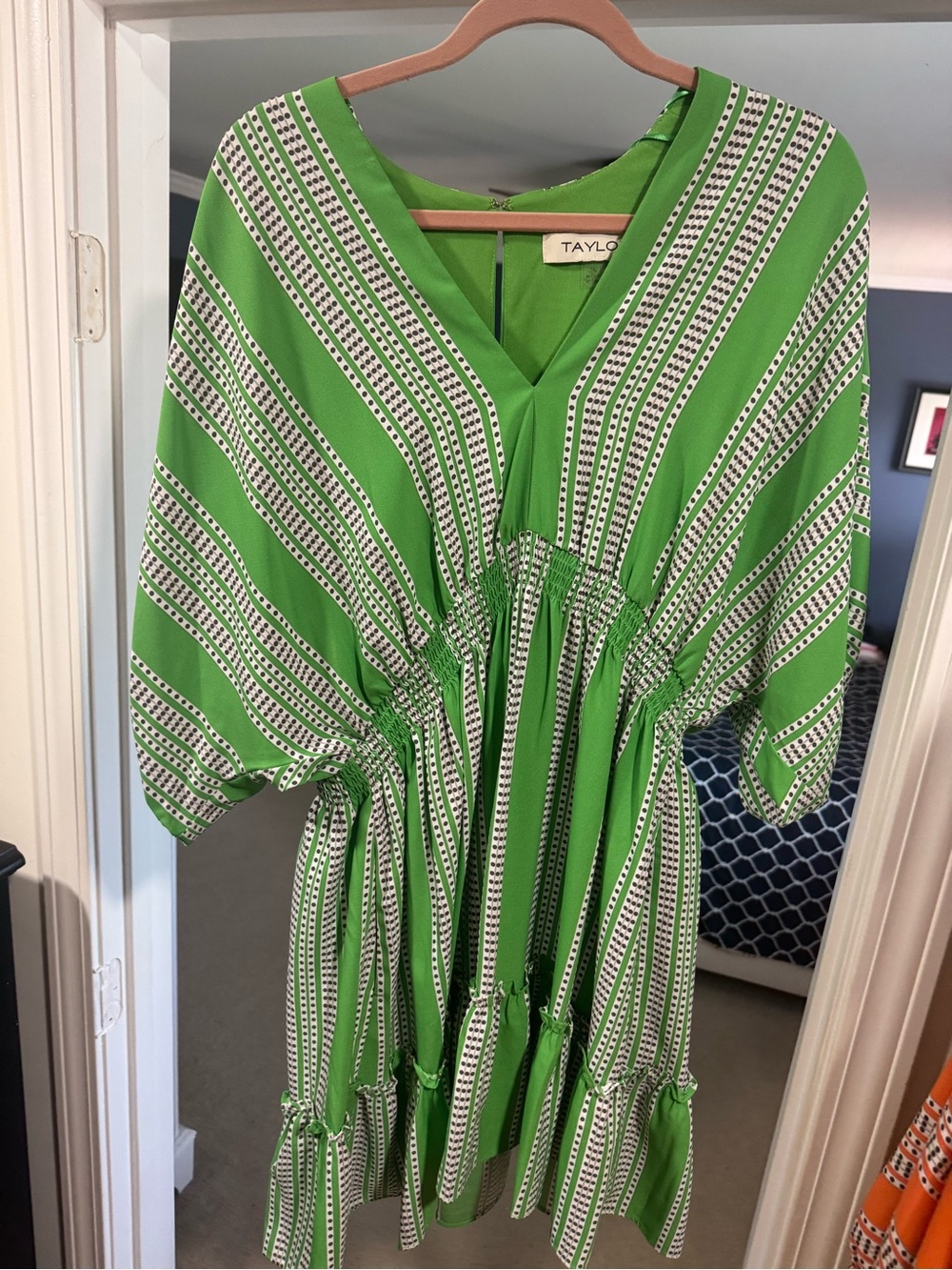 Taylor Bright Green Striped V-Neck Mini Dress
